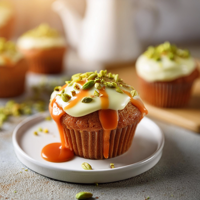 Muffin façon carrot cake, éclats de pistache, carottes glacées au sirop d’érable, caramel au sarrasin grillé