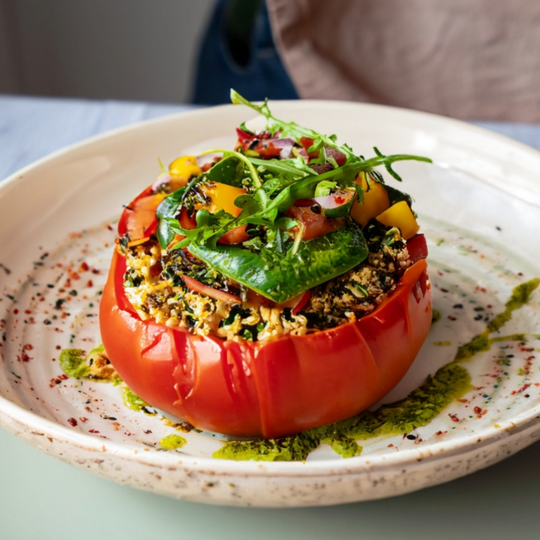 Tomate farcie aux graines de sarrasin, courgettes, poivrons, oignons et pesto